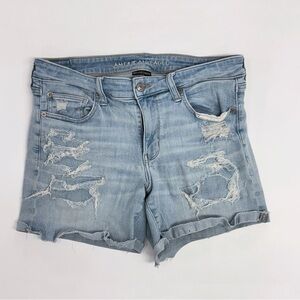 American Eagle Outfitters Women's Midi Light Wash Distressed Shorts - Size 12